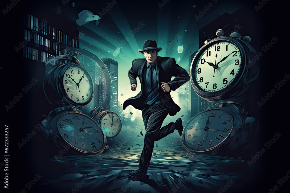 Steal time, productivity or procrastination problem, work efficiency to finish in deadline, strategy or accomplishment concept, burglar thief stealing time clock and run away - obrazy, fototapety, plakaty 