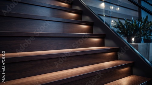 Modern Residential Dark Wooden Stairs with LED Illumination Close Up Photo. Stairs Light. 8k,