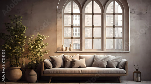 a couch with pillows and a vase with a plant in it in a room with arched windows and a large window © junaid