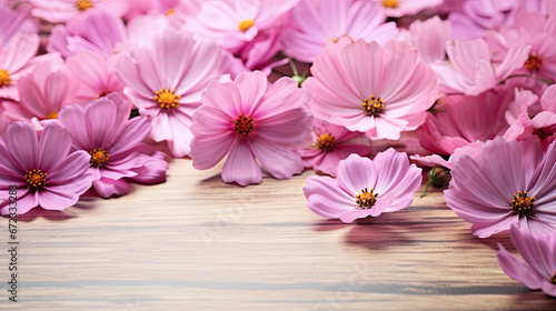  a bunch of pink flowers on a wooden table with a blurry background.  generative ai
