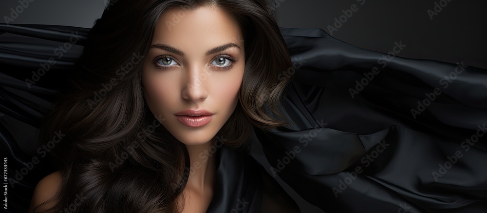 Fototapeta premium A lovely dark haired woman wearing a gorgeous black linen outfit