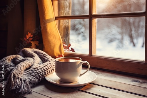 Cup of hot tea by the window. Winter concept. Ai generative