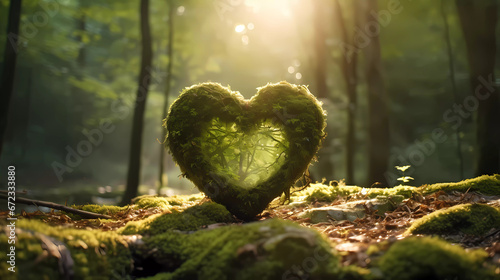a heart shaped mossy object in the middle of a forest floor with trees in the background and a sunbeam