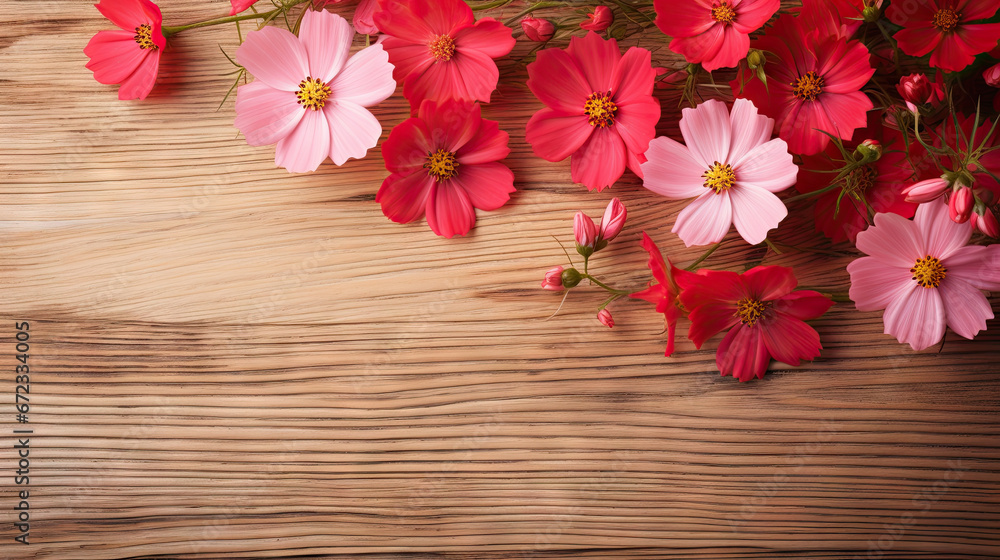  a bunch of pink and red flowers on a wooden surface.  generative ai