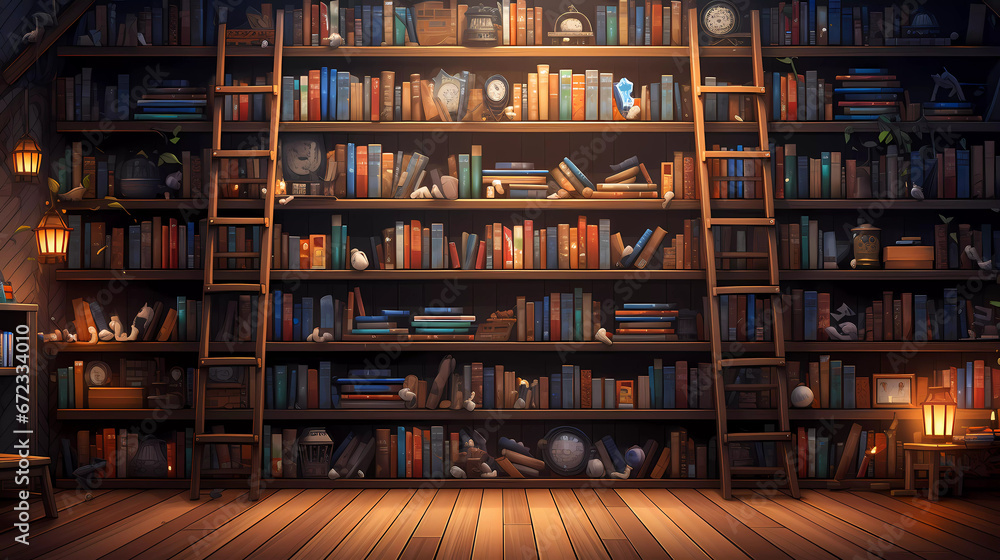 a large book shelf filled with lots of books on top of a wooden floor next to a wall of shelves