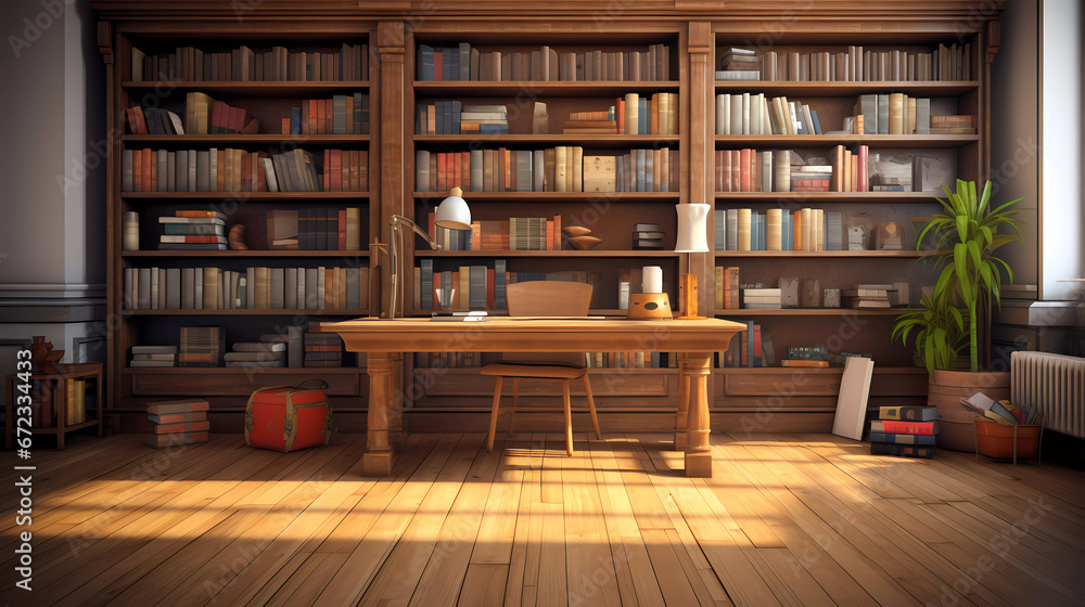a large wooden bookcase filled with lots of books on top of a wooden floor next to a desk a large wooden bookcase filled with lots of books on top of a wooden floor next to a desk