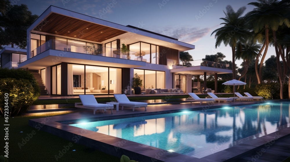 Modern villa with pool and deck with interior and exterior views 8k,