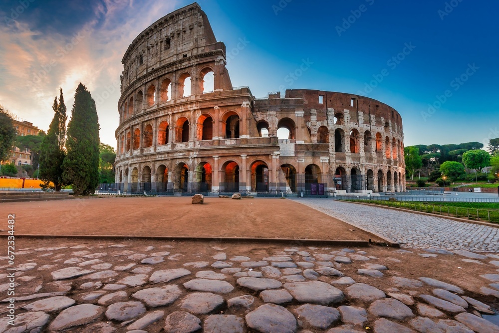 Scenic view of the Colosseum in Rome, Italy at sunset