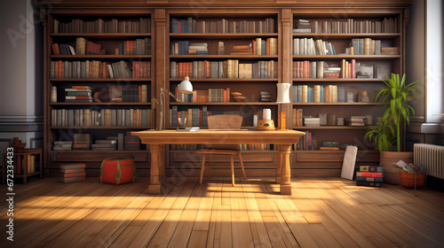 a large wooden bookcase filled with lots of books on top of a wooden floor next to a desk