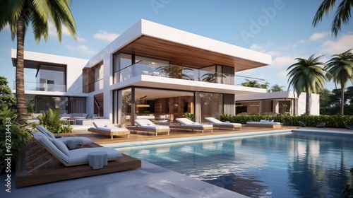 Modern villa with pool and deck with interior and exterior views 8k,
