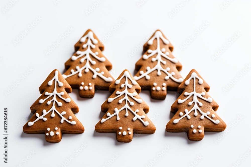 Gingerbread Christmas trees with white icing on minimalist background. New Year holiday baking. Design for festive menu design, banner or culinary blog