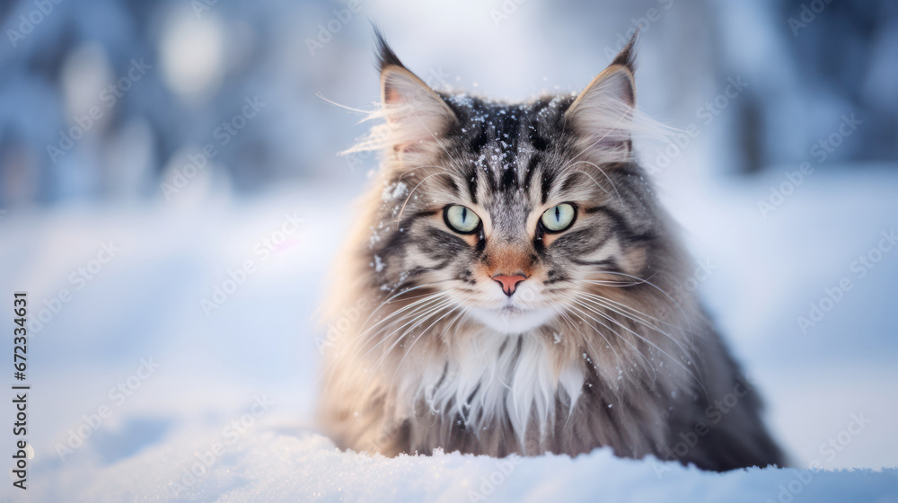 Snowy Animal Look: Wild Cat with Green Eyes in the Snow