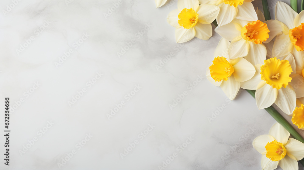  a bunch of yellow and white daffodils on a marble background.  generative ai