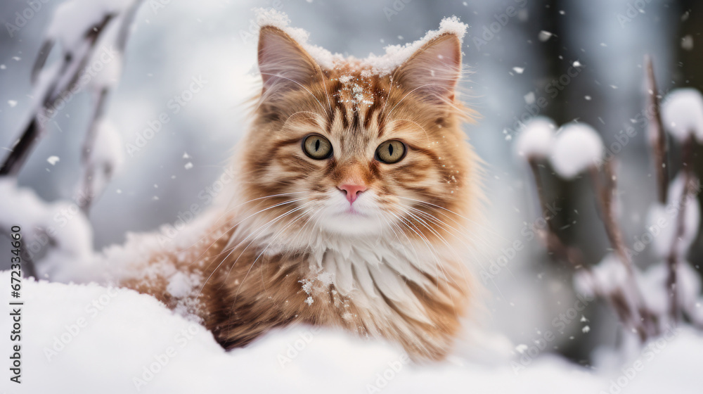 Frosty Nature Encounter: Wild Ginger Cat in Snowy Attire