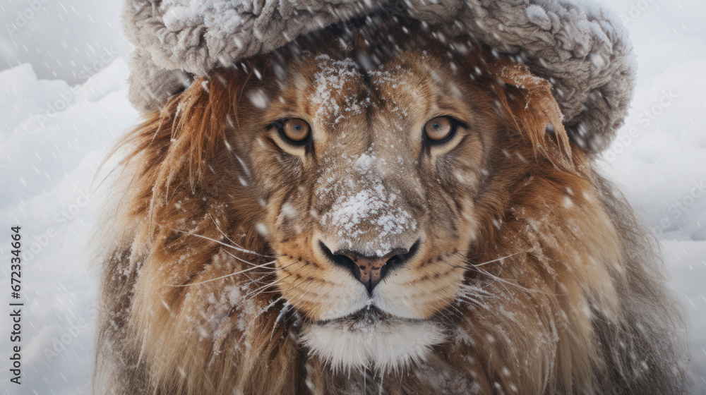 Majestic Snowy Wilderness: Wild Lion Portrait in Winter Hat Majestic Snowy Wilderness: Wild Lion Portrait in Winter Hat
