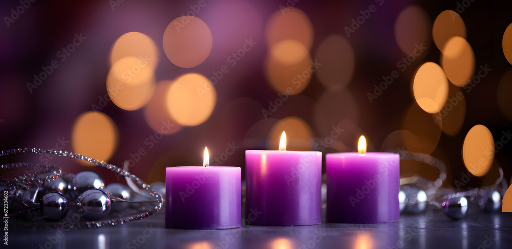 Advent Candles - Four Purple Votive Candlelight In Church With Defocused Abstract Lights Advent Candles - Four Purple Votive Candlelight In Church With Defocused Abstract Lights