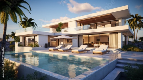 Modern villa with pool and deck with interior and exterior views 8k, © Creative artist1