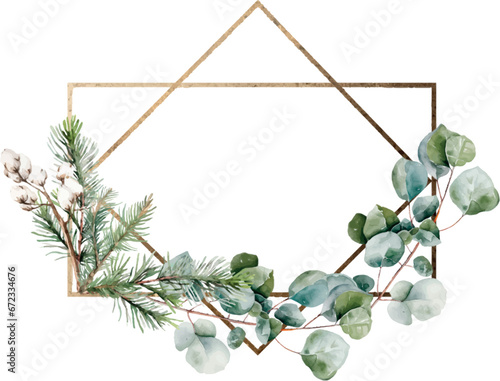 Modern winter floral golden frame in rhombus and rectangular shape, Eucalyptus. Template with space for text, greeting cards, invitation, mood decoration, save the date, wedding, greeting design, birt