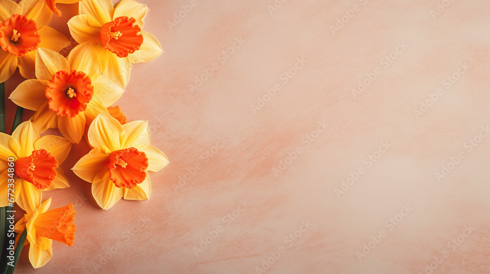 a bunch of yellow flowers on a beige background with space for text. generative ai a bunch of yellow flowers on a beige background with space for text. generative ai