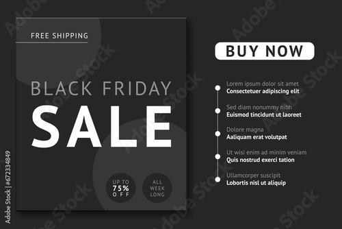 Black Friday Sale banner or landing page vector design. Up to 75% off sale discount. Free shipping all week long offer. Buy now button. Black background. Custom goods list template. Marketing landing