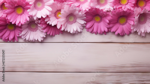  a bunch of pink daisies on a wooden surface with space for text. generative ai