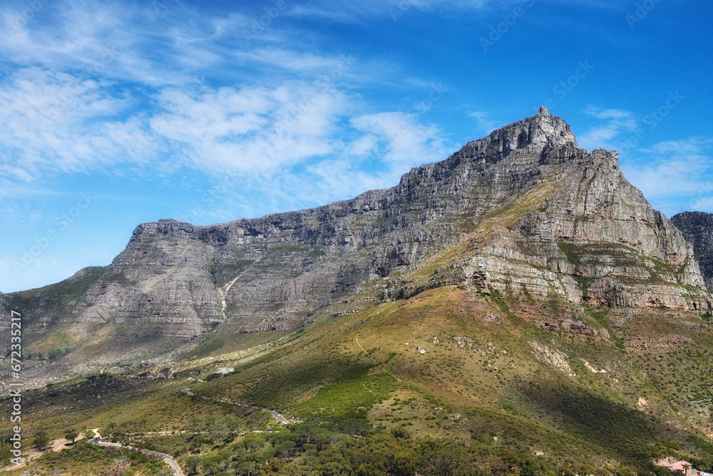 Copyspace landscape view of Table Mountain in Cape Town, South Africa. Beautiful scenic popular natural landmark and tourist attraction for hiking and adventure while on a getaway vacation in nature