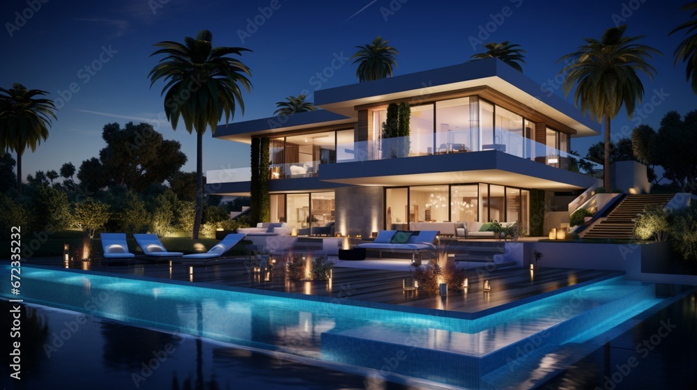 Modern villa with pool, night scene 8k,
