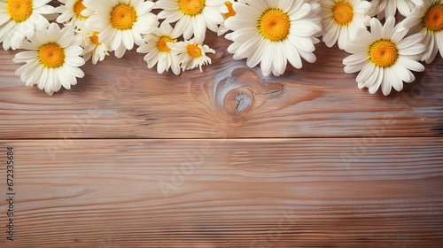  a bunch of daisies on a wooden surface with a place for text. generative ai