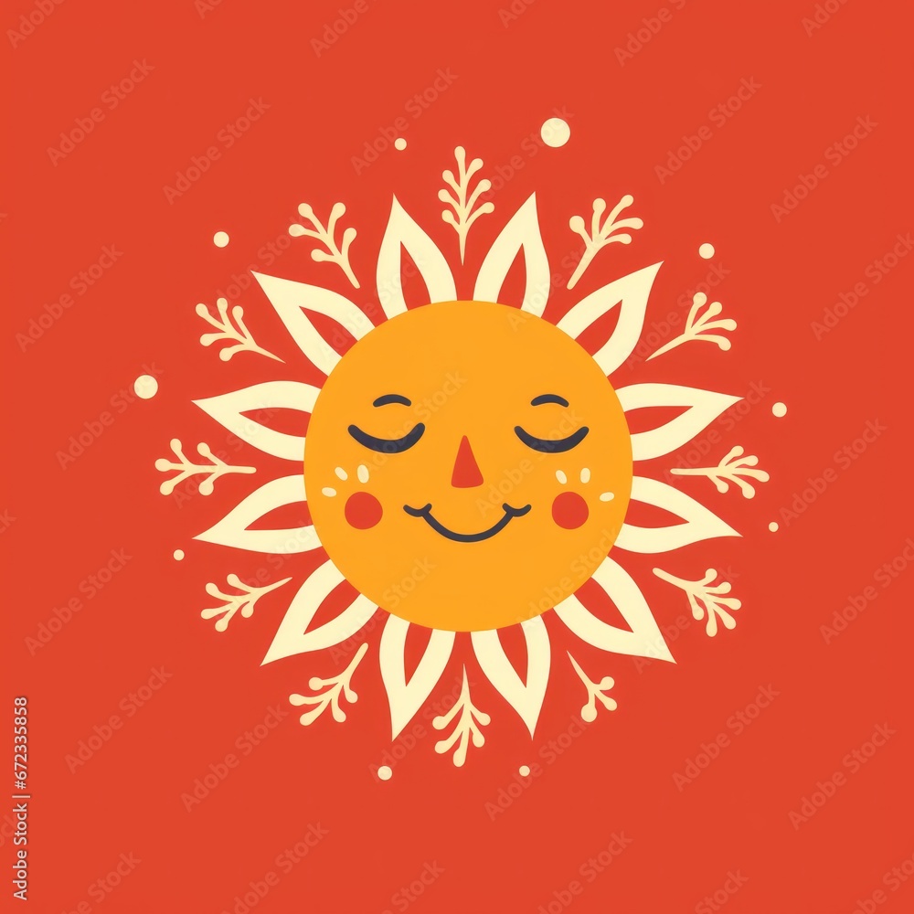 Sun simple illustration on red orange background. Sun with merry face