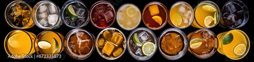 a beautiful top down view of glasses of different colored drinks Generative AI