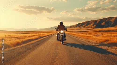 motorbike on the road riding. having fun driving the empty road on a motorcycle tour journey. copyspace for your individual text. 8k,