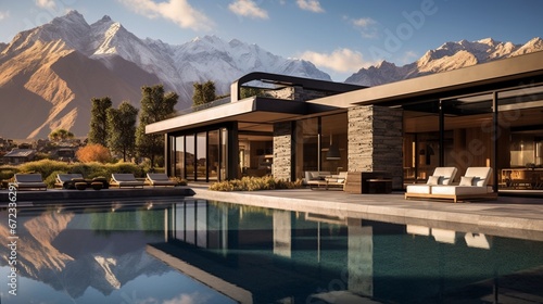 Mountains in background of luxury home showcase exterior house with swimming pool 8k, © Creative artist1