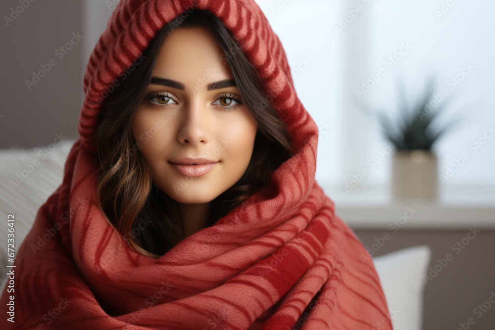 Woman enveloped in textured red scarf Woman enveloped in textured red scarf