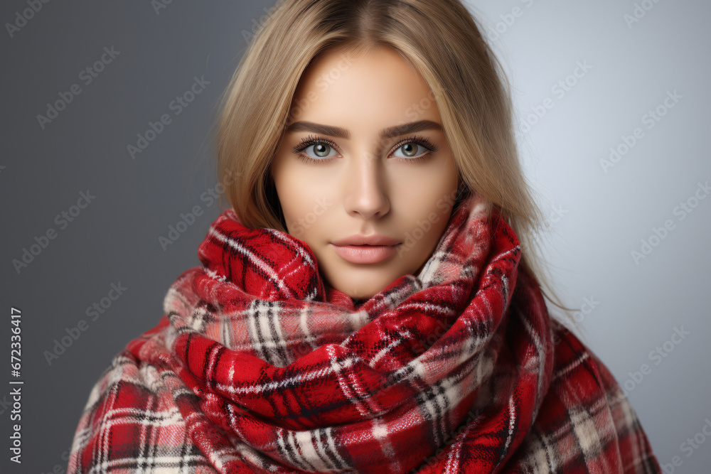 Woman in red checkered scarf with neutral background Woman in red checkered scarf with neutral background