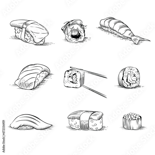 Set of hand drawn sushi and rolls. Vector illustration in line art style