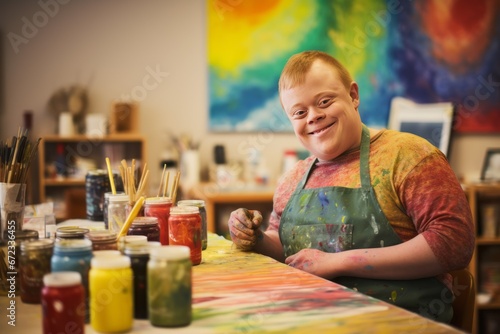 An artist with Down syndrome engaged in their creative work within a studio setting