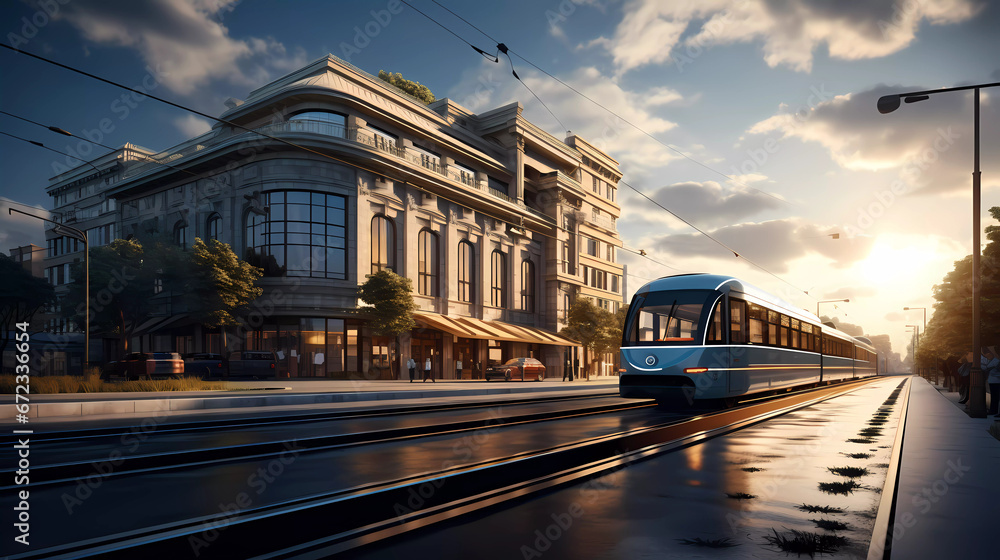 a rendering of a building with a street in front of it and a train track running through the middle of the building