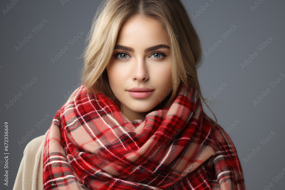 Elegant woman in checkered scarf and beige coat Elegant woman in checkered scarf and beige coat