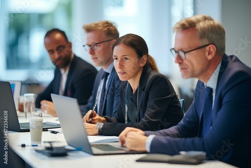 International busy board team colleagues company employees collaborating consulting at conference table. generative AI