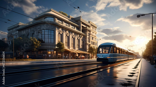 a rendering of a building with a street in front of it and a train track running through the middle of the building