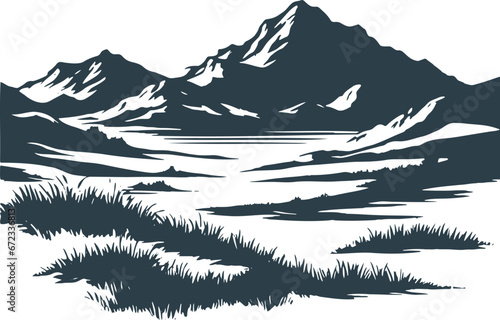 A mountainous scene depicted in Illustrator as a vector stencil