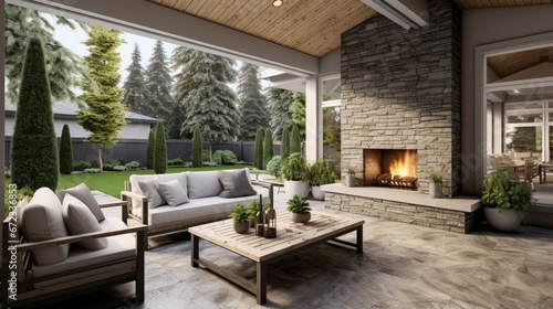 New modern home features a backyard with covered patio accented with stone fireplace, vaulted ceiling with skylights and furnished with gray wicker sofa placed on concrete floor. © Creative artist1