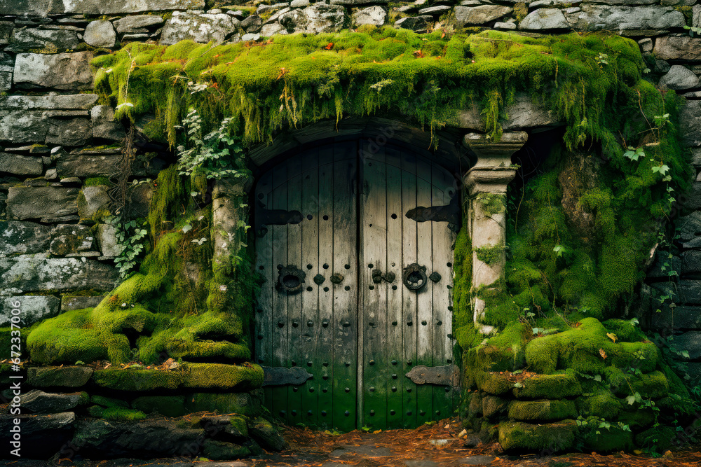 Small wooden door in a stone wall covered with moss Small wooden door in a stone wall covered with moss