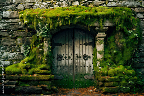 Small wooden door in a stone wall covered with moss