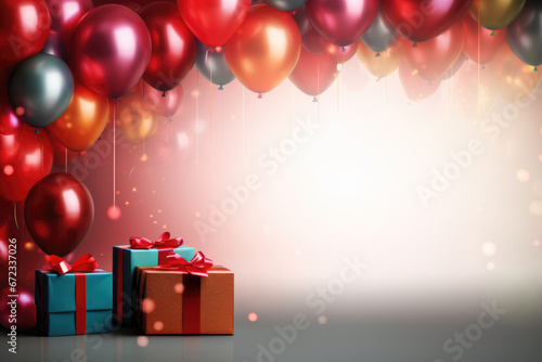 Birthday card with red and orange colorful balloons and gift boxes