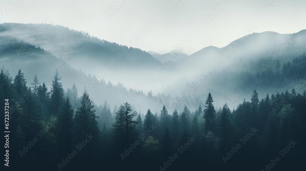 Misty Morning Light Illuminating Forests and Mountains in a Tranquil Alpine Landscape