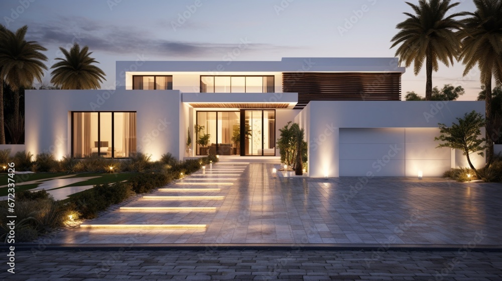 New style white villa with stone driveway, decorative lighting and wide backyard, panorama 8k,