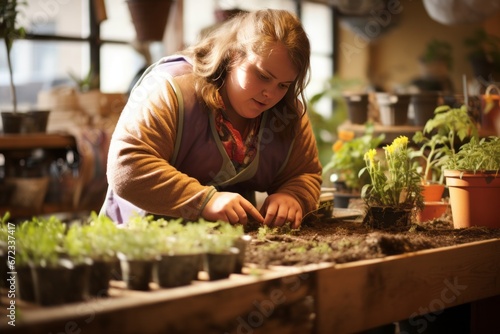 A person with Down syndrome participating in horticulture, surrounded by flourishing greenery and blooming plants