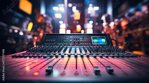 a sound board with many knobs and lights on it's sides and a blurry background of a television screen photo