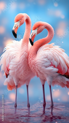 Two pink flamingo birds in water on a blue sky